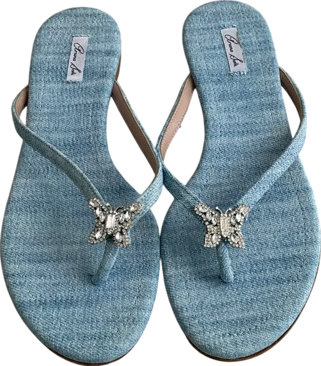 Aruna Seth Blue Farfalla Crystal Butterfly Denim Flip Flop UK 6 EU 39 👠