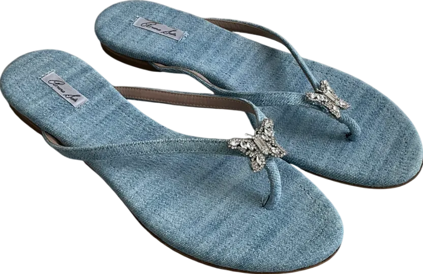 Aruna Seth Blue Farfalla Crystal Butterfly Denim Flip Flop UK 6 EU 39 👠