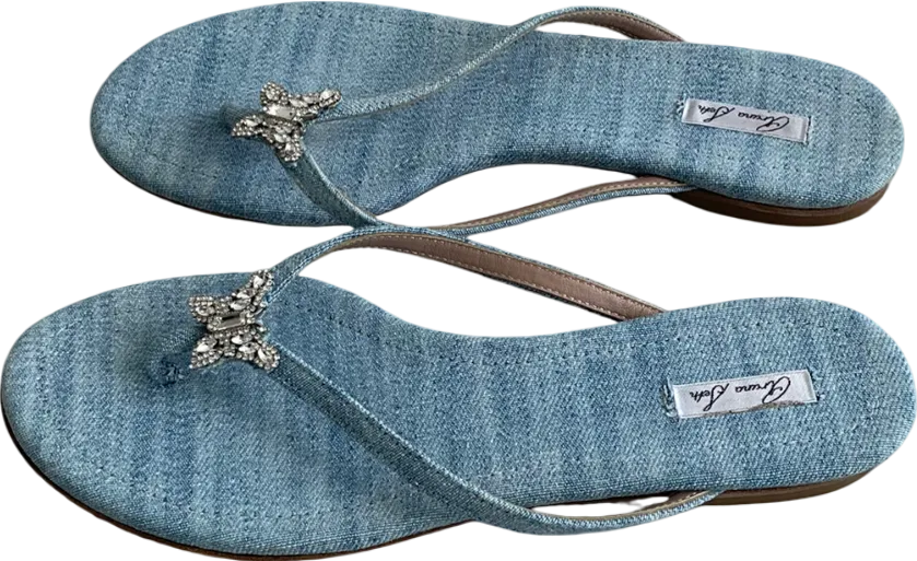Aruna Seth Blue Farfalla Crystal Butterfly Denim Flip Flop UK 6 EU 39 👠