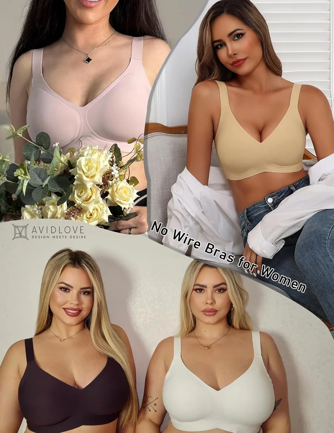 Avidlove Bras for Women Seamless Bra Full Coverage T Shirt Bralettes V Neck Wireless Bra Comfortable Brassiere