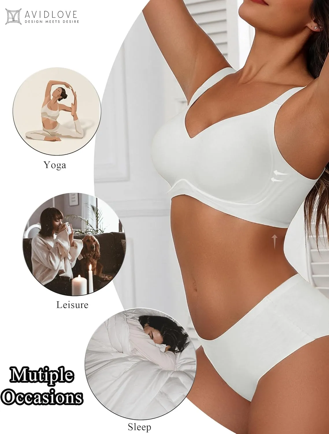 Avidlove Bras for Women Seamless Bra Full Coverage T Shirt Bralettes V Neck Wireless Bra Comfortable Brassiere