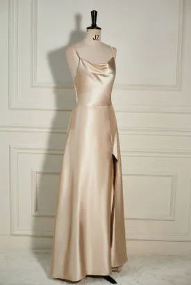Champagne Cowl Neck Straps A-line Satin Long Dress with Slit