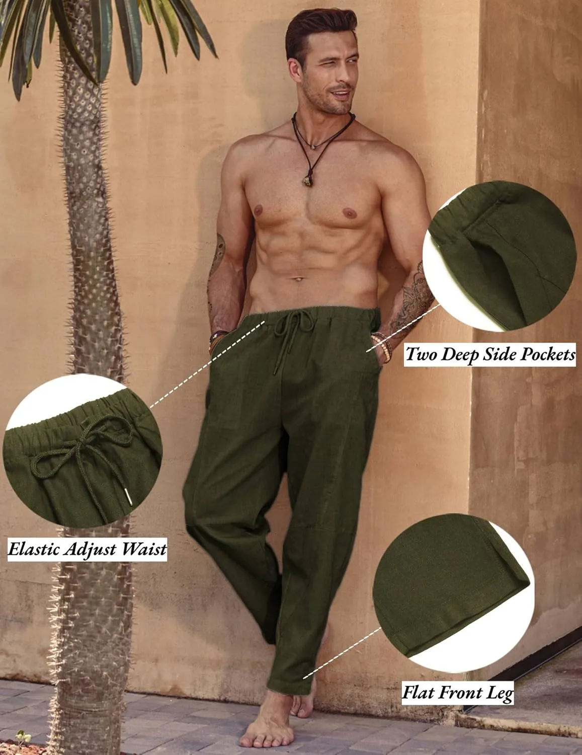 COOFANDY Men's Linen Harem Drawstring Pants Casual Elastic Waist Lightweight Trouser Hippie Summer Beach Yoga Pants