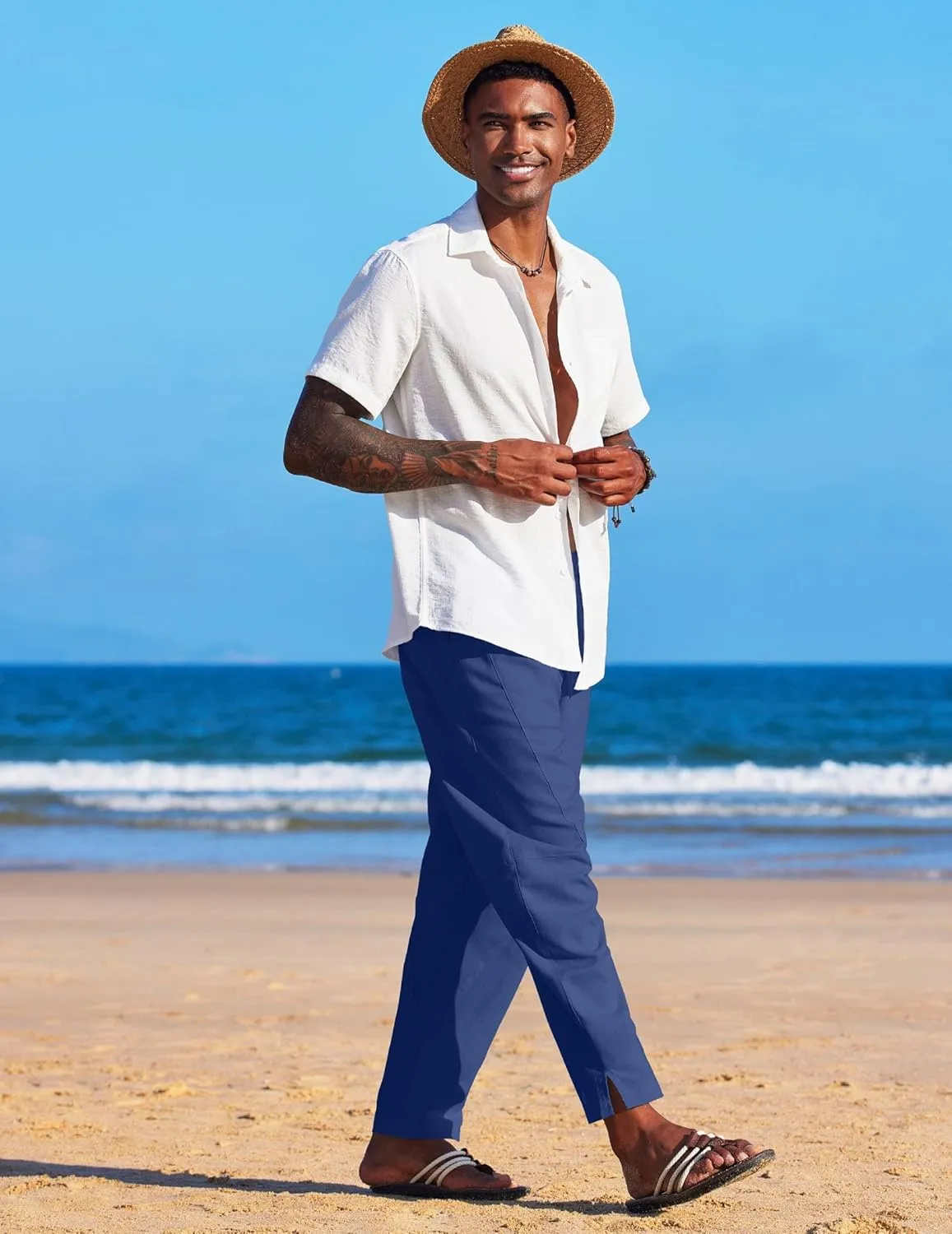 COOFANDY Men's Linen Harem Drawstring Pants Casual Elastic Waist Lightweight Trouser Hippie Summer Beach Yoga Pants