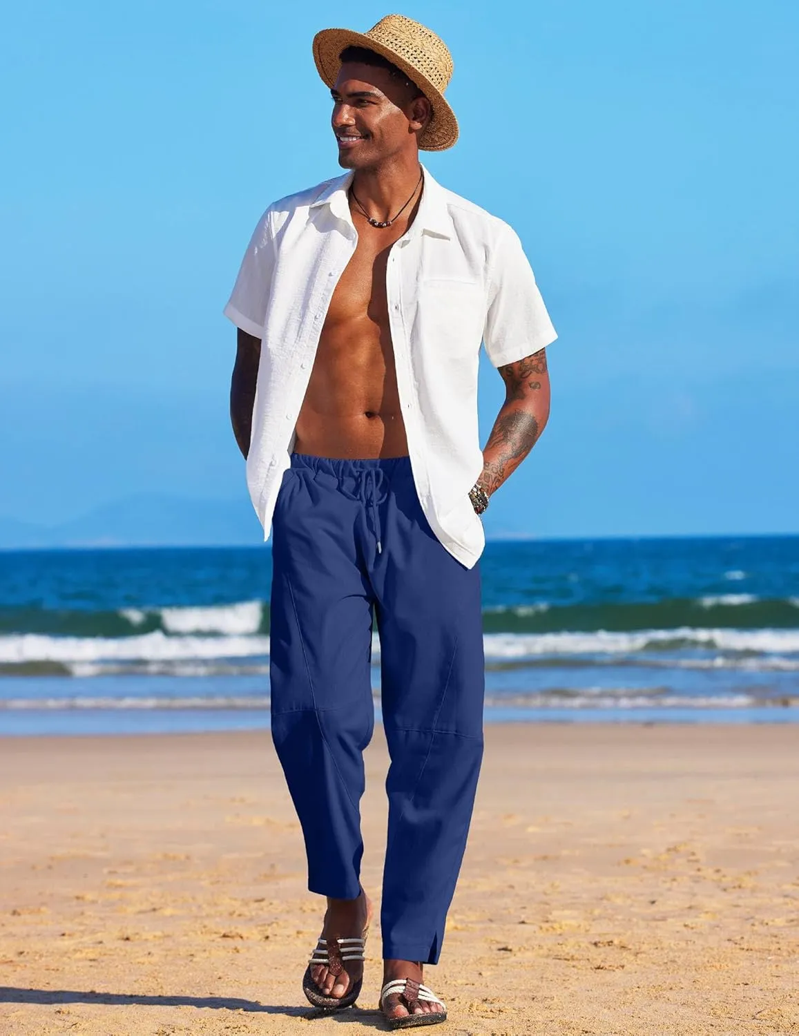 COOFANDY Men's Linen Harem Drawstring Pants Casual Elastic Waist Lightweight Trouser Hippie Summer Beach Yoga Pants