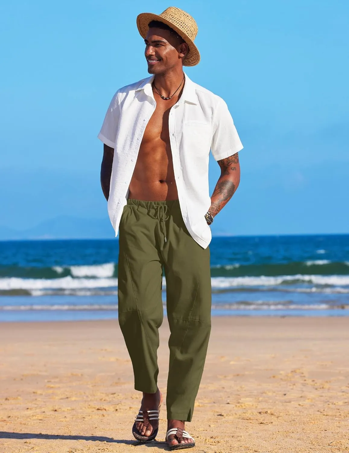 COOFANDY Men's Linen Harem Drawstring Pants Casual Elastic Waist Lightweight Trouser Hippie Summer Beach Yoga Pants