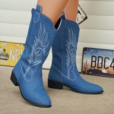 Embroidered Point Toe Block Heel Boots
