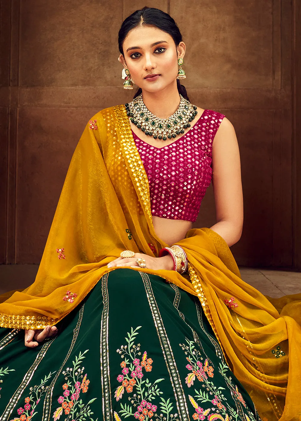 Green & Pink Bridesmaid Georgette Wedding Lehenga Choli