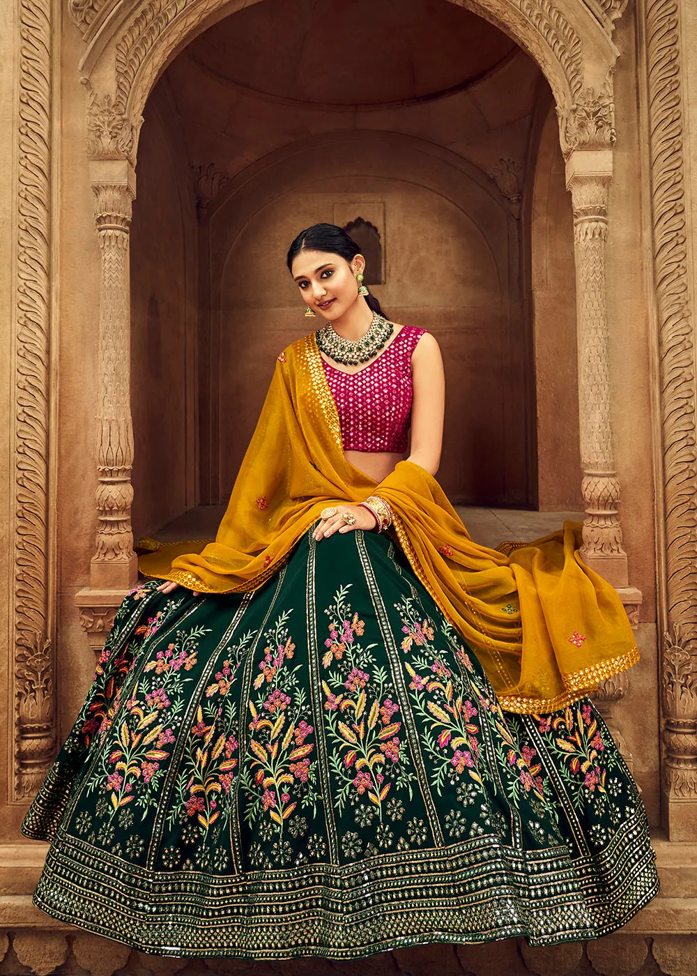 Green & Pink Bridesmaid Georgette Wedding Lehenga Choli