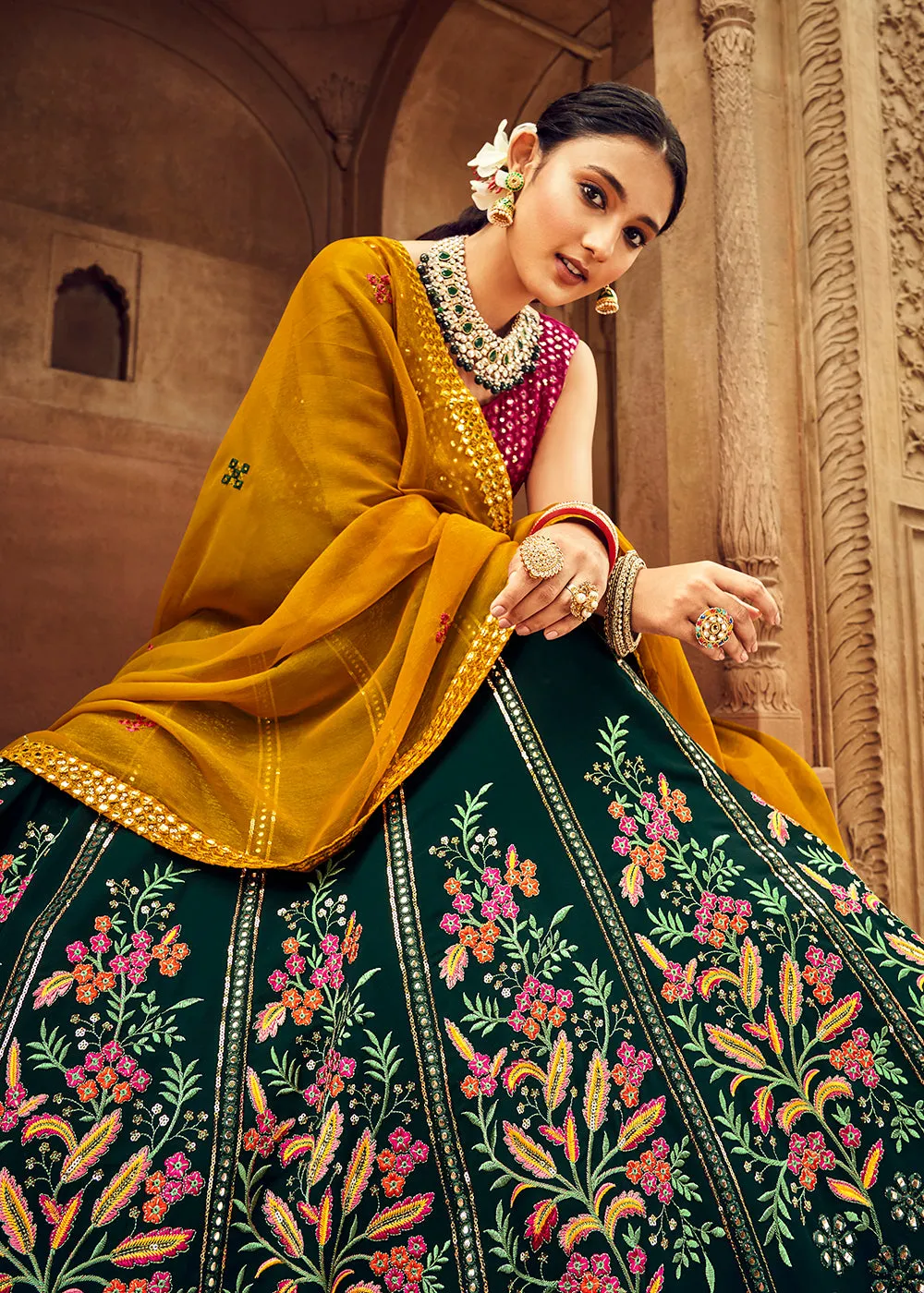 Green & Pink Bridesmaid Georgette Wedding Lehenga Choli