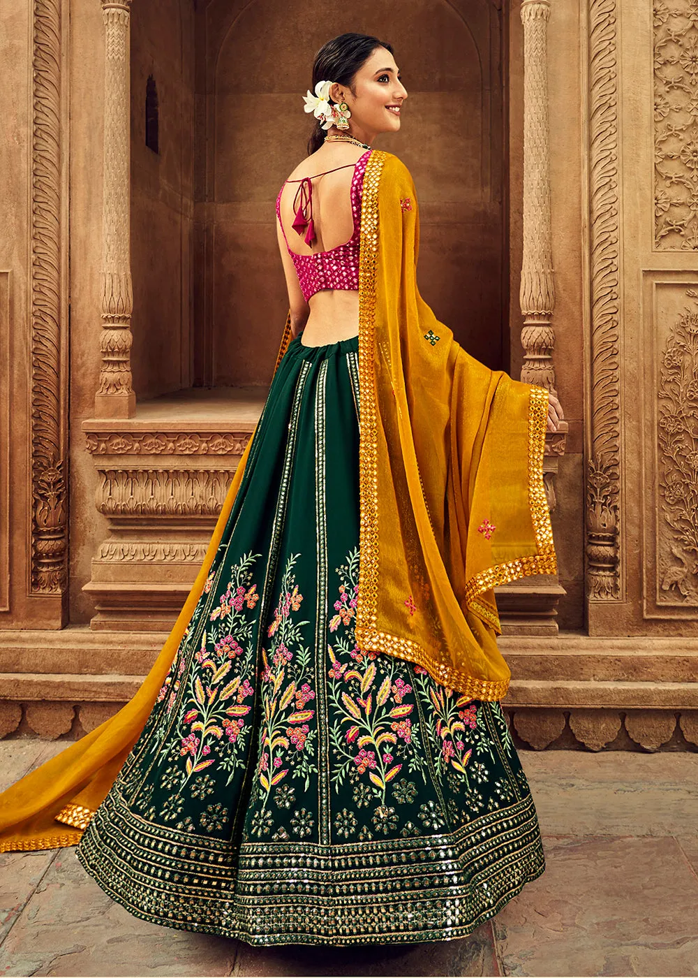 Green & Pink Bridesmaid Georgette Wedding Lehenga Choli