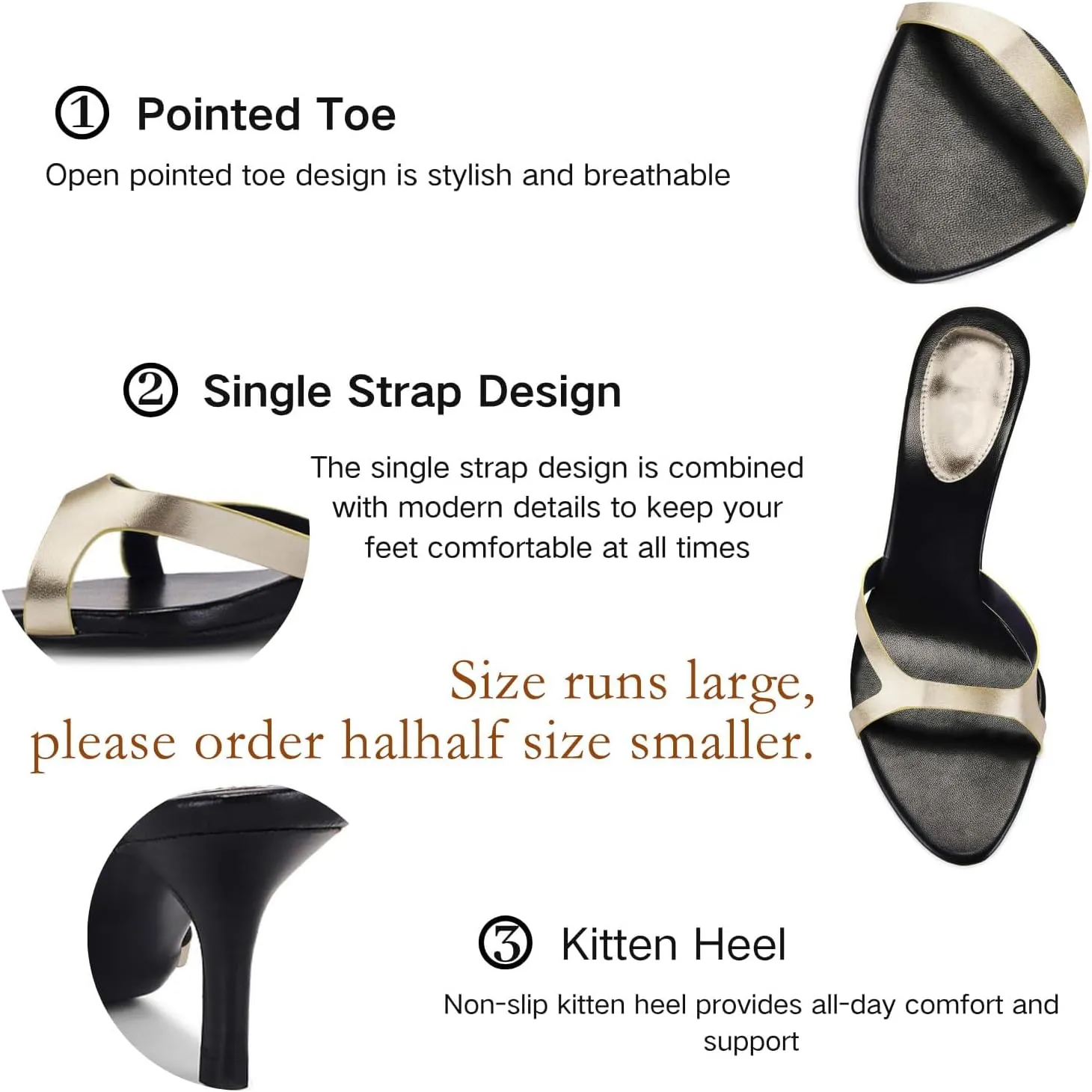 Kitten Heels for Women Single Strap Low Heel Open Toe Mule Shoes Non Slip Sandals