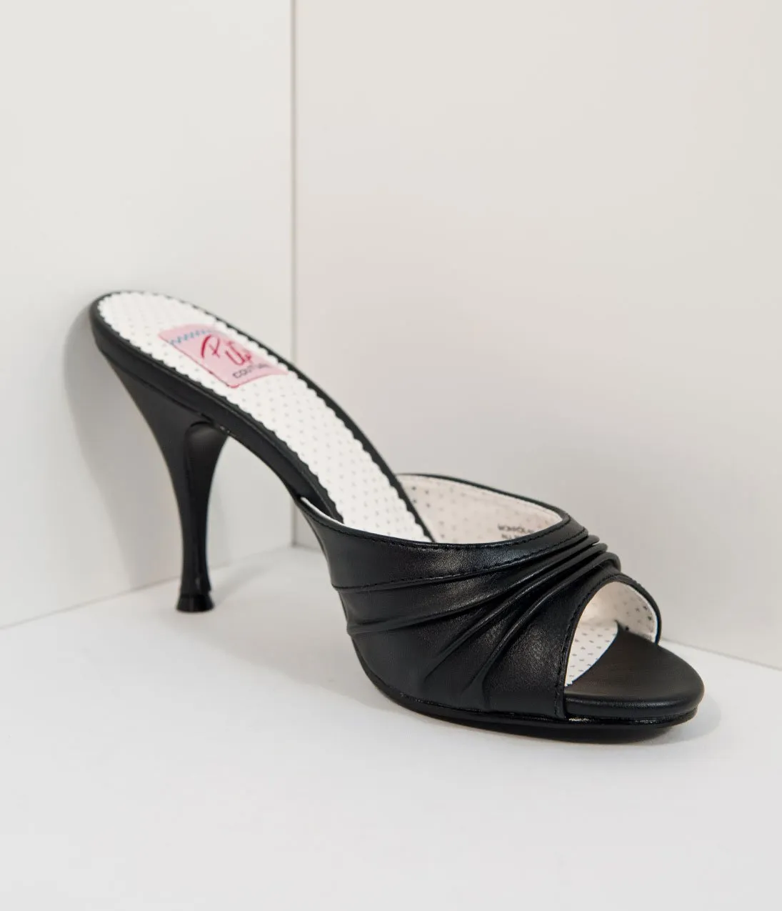 Retro Style Black Leatherette Peep Toe Pleated Mule Heels